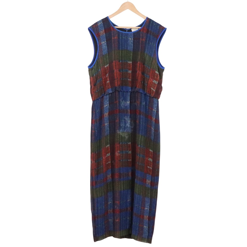 HD in Paris Maxi Dress Womens 12 Plaid Multi-Color Sleeveless Pleated Excellent